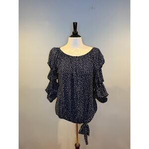CeCe Navy Blue Polka Dot Ruffle Sleeve Tie-Hem Blouse (Size M)